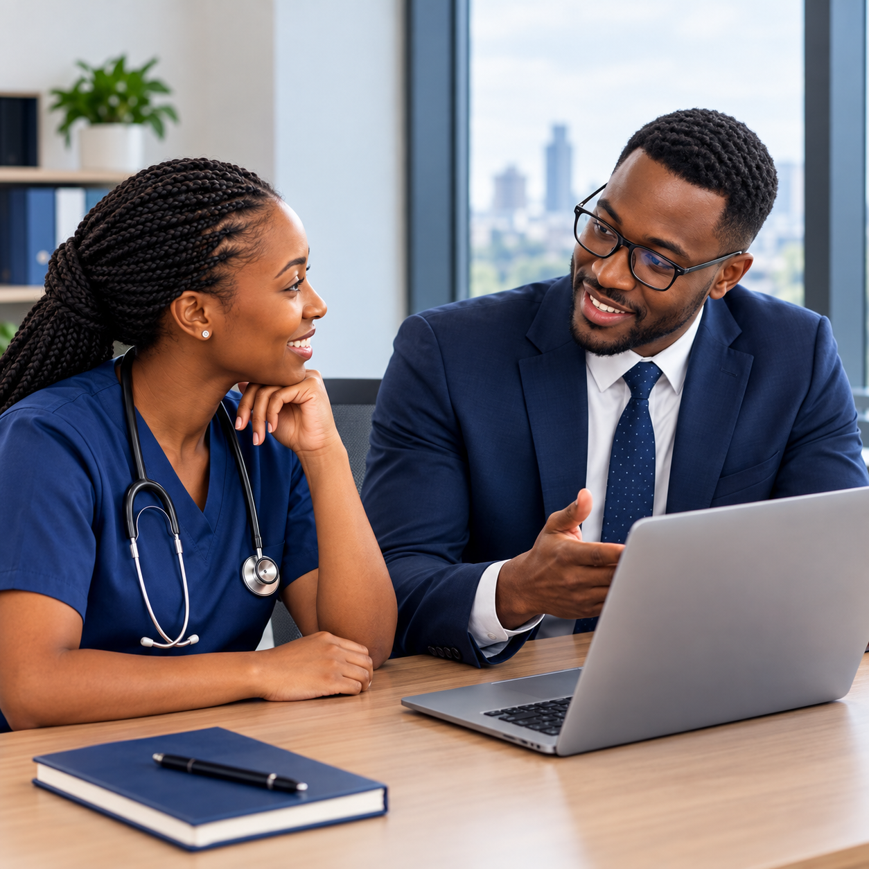 Two healthcare professionals reviewing registration documents together